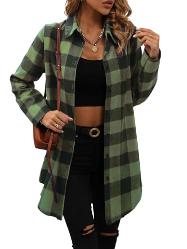 Jhsnjnr Damen Plaid Langarm Bluse Tops Button Down Oversized Lange Karierte Flanellhemden, grün, Large von Jhsnjnr