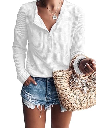 Damen Pullover Halblanger Knopfleiste Waffel Stricktop Langarm Henley Shirt Locker V Ausschnitt Tunika T-Shirt von Jhsnjnr