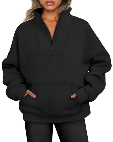 Jhsnjnr Damen Pullover Herbst Langarm Oberteile Fleece-Innerfutter Halber Reißverschluss Sweatjacke Stehkragen Oversize Sweatshirt von Jhsnjnr