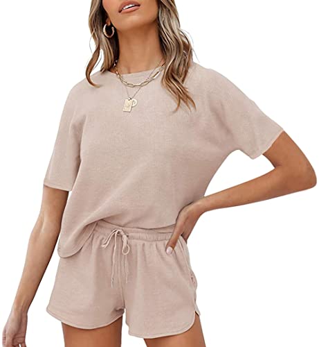 Jhsnjnr Damen-Schlafanzug, Shorts, Set mit Taschen, Waffelstrick, kurzärmelig, Lounge-Top, Nachtwäsche, Pyjama-Sets, beige, 36 von Jhsnjnr