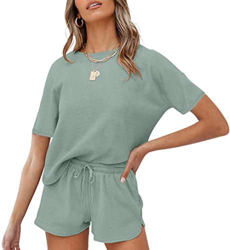 Jhsnjnr Damen-Schlafanzug, Shorts, Set mit Taschen, Waffelstrick, kurzärmelig, Lounge-Top, Nachtwäsche, Pyjama-Sets, grün, 38 von Jhsnjnr