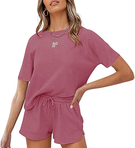 Jhsnjnr Damen-Schlafanzug, Shorts, Set mit Taschen, Waffelstrick, kurzärmelig, Lounge-Top, Nachtwäsche, Pyjama-Sets, rose, 38 von Jhsnjnr