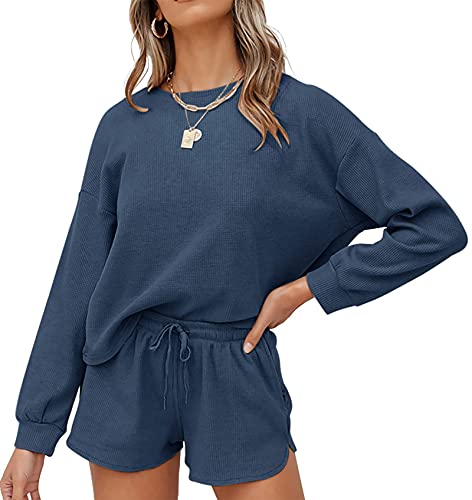 Jhsnjnr Damen-Schlafanzug-Shorts-Set mit Taschen, Waffelstrick, kurzärmelig, Lounge-Top, Nachtwäsche-Set, marineblau, 36 von Jhsnjnr