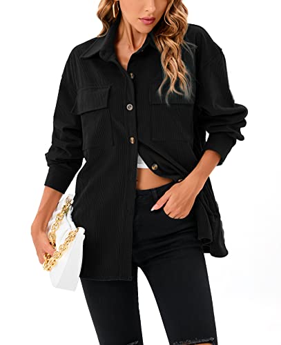 Jhsnjnr Damen Shacket Casual Oversized Langarm Hemd Button Down Cord Jacken mit Taschen, Schwarz , M von Jhsnjnr