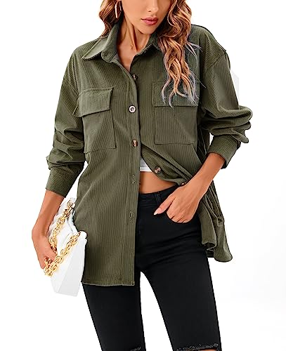 Jhsnjnr Damen Shacket Casual Oversized Langarm Hemd Button Down Cord Jacken mit Taschen, armee-grün, XL von Jhsnjnr