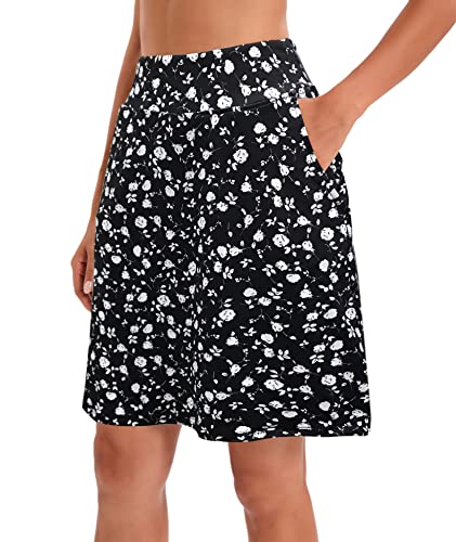 Jhsnjnr Damen Tennisrock Casual Knielang Golf Röcke mit Taschen Workout Athletic Skort, Schwarz-Weiß Floral, Mittel von Jhsnjnr