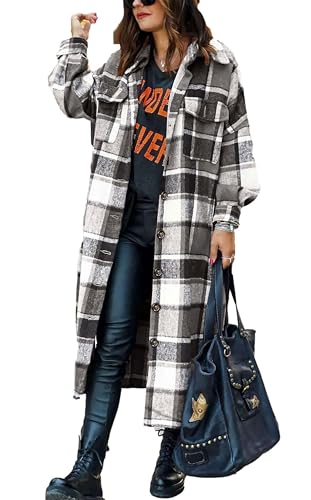 Jhsnjnr Damen Wintermantel Lang Kariertes Bluse Langarm Knopfleiste Shacket Karohemd Freizeit Flanell Jacke mit Taschen von Jhsnjnr