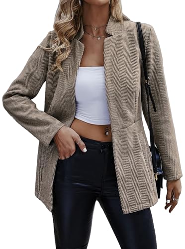 Jhsnjnr Jacke Damen Büro Langarm Stehkragen Tweed Anzug Sakko Business Casual Open Front Longblazer Oberteile von Jhsnjnr