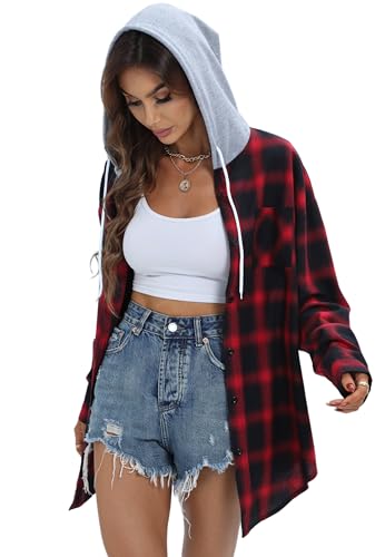 Jhsnjnr Langramshirt Damen Oversize Kariertes Hemdbluse Leichte Karo Knopfleiste Hoodie Flanellhemd mit Taschen von Jhsnjnr
