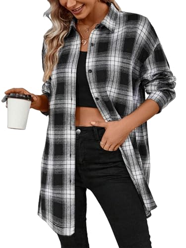 Jhsnjnr Longshirt Damen Knopfleiste Boyfriend Langarmshirts Baumwolle Karo Hemden Flanellhemd Oversize Karierte Bluse von Jhsnjnr