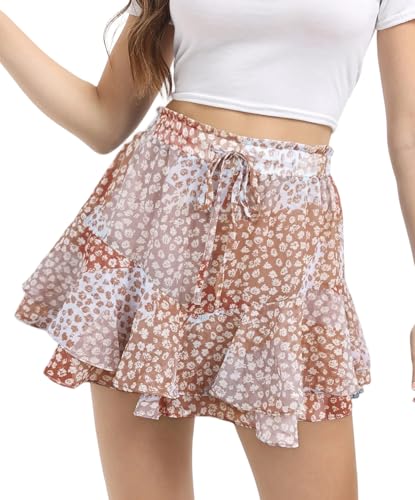 Jhsnjnr Shorts Damen Leicht Hosenrock Blumen Rock mit Kordelzug Rüschensaum Hohe Taille Lässig Strand Kurze Boho Chiffon Sommerröcke von Jhsnjnr