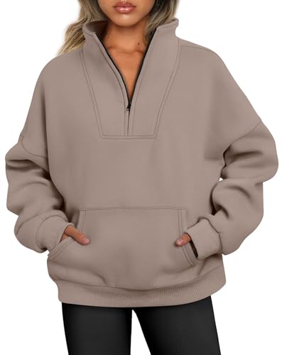Jhsnjnr Sweatshirt Damen Oversized Viertel-Reißverschluss Sport Sweatjacke ohne Kapuze Langarm Fleece-Futter Sweater Pullover von Jhsnjnr