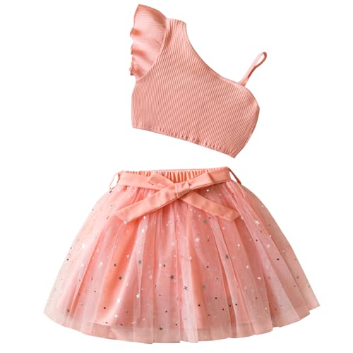 JiAmy 2 Stück Kleidung Gestrickt Top und Pailletten Tüll Rock Mädchen Kinder Outfits Set One Shoulder Sommer Mädchen Party Outfit Set für Rosa 3-4 Jahre von JiAmy