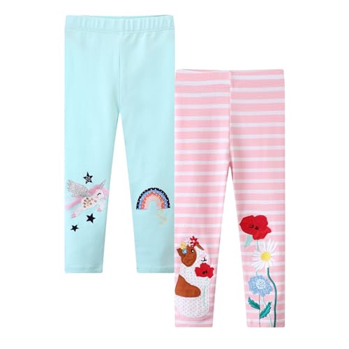JiAmy 2er-Pack Mädchen Leggings Kinder Stretch Bunt Einhorn Muster Baumwolle Hosen für Mädchen Hellblau 6 Jahre von JiAmy