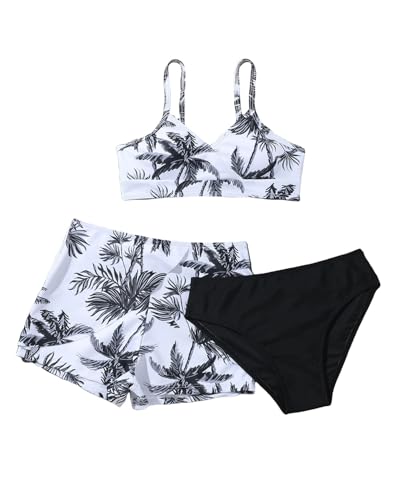JiAmy 3-teiliges Mädchen-Badeanzug-Set, Bikini-Bademode mit Kordelzug, Strand-Shorts, Badeanzug für 8–12 Jahre, Schwarz , 7-8 Jahre von JiAmy