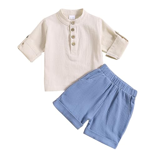 JiAmy Baby Jungen Kleidung 2Pcs Sommer Kurzarm Einfarbige Leinen Shirt Top+ Shorts Neugeborene Babykleidung Outfit Set Jungen 12-18 Monate Blau von JiAmy