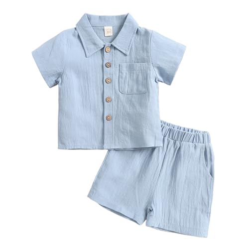 JiAmy Baby Jungen Kleidung 2Pcs Sommer Kurzarm Einfarbige Leinen Shirt Top+ Shorts Neugeborene Babykleidung Outfit Set Jungen 2-3 Jahre Hellblau von JiAmy