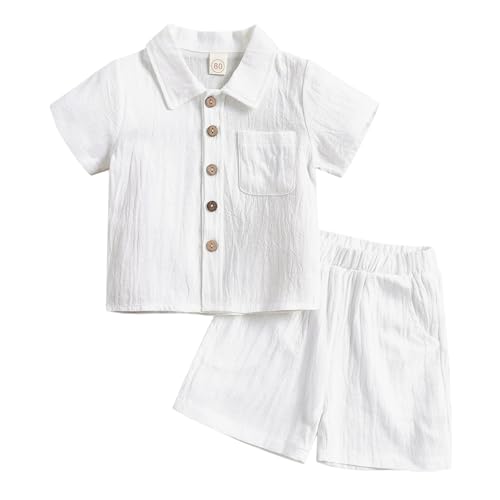 JiAmy Baby Jungen Kleidung 2Pcs Sommer Kurzarm Einfarbige Leinen Shirt Top+ Shorts Neugeborene Babykleidung Outfit Set Jungen 3-4 Jahre Weiß von JiAmy