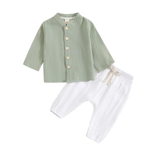 JiAmy Baby Jungen Kleidung Sommer Langarm Baumwolle Leinen Shirt Top+ Hose Sommer Herbst Zweiteiler Outfit Kleinkind Weiche Einfarbige Babykleidung für 12-18 Months Grün von JiAmy