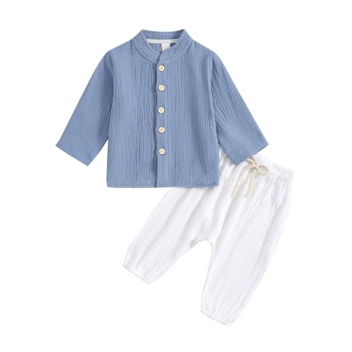 JiAmy Baby Jungen Kleidung Sommer Langarm Baumwolle Leinen Shirt Top+ Hose Sommer Herbst Zweiteiler Outfit Kleinkind Weiche Einfarbige Babykleidung für 2-3 Years Blau von JiAmy