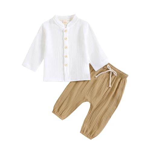 JiAmy Baby Jungen Kleidung Langarm Baumwolle Leinen Shirt Top+ Hose Herbst Zweiteiler Outfit Kleinkind Weiche Einfarbige Babykleidung für Jungen 2-3 Years Braun von JiAmy