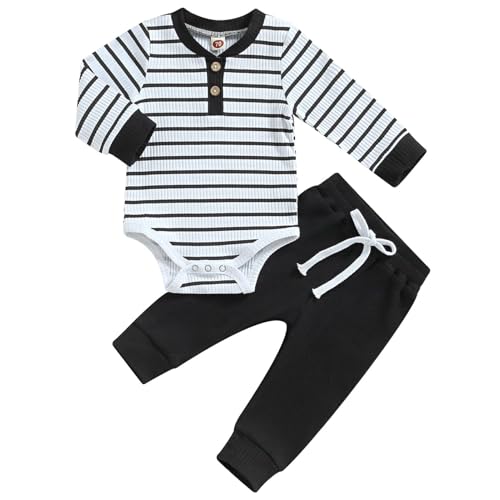 JiAmy Baby Jungen Kleidung Langarm Gestreift Body Strampler + Hose Outfit Set Neugeborene Weiche Baumwolle Babykleidung 3-6 Monate Schwarz von JiAmy