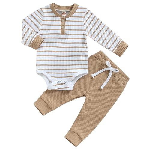 JiAmy Baby Jungen Kleidung Langarm Gestreift Body Strampler + Hose Outfit Set Neugeborene Weiche Baumwolle Babykleidung 6-12 Monate Beige von JiAmy