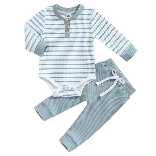 JiAmy Baby Jungen Kleidung Langarm Gestreift Body Strampler + Hose Outfit Set Neugeborene Weiche Baumwolle Babykleidung 6-12 Monate Blau von JiAmy