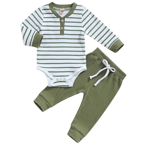 JiAmy Baby Jungen Kleidung Langarm Gestreift Body Strampler + Hose Outfit Set Neugeborene Weiche Baumwolle Babykleidung 6-12 Monate Grün von JiAmy