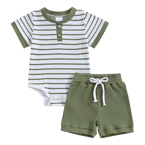 JiAmy Baby Jungen Kleidung Sommer Zweiteiler Outfit Kurzarm Gestreift Body Strampler + Shorts Set Neugeborene Weiche Baumwolle Babykleidung für Jungen 12-18 Monate Grün von JiAmy