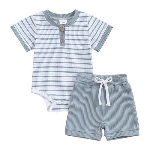 JiAmy Baby Jungen Kleidung Sommer Zweiteiler Outfit Kurzarm Gestreift Body Strampler + Shorts Set Neugeborene Weiche Baumwolle Babykleidung für Jungen 3-6 Monate Blau von JiAmy