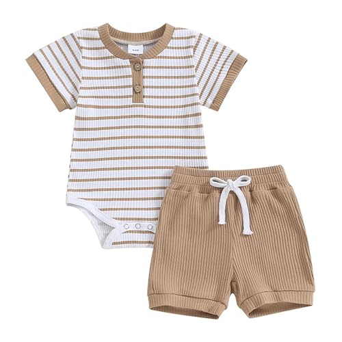 JiAmy Baby Jungen Kleidung Sommer Zweiteiler Outfit Kurzarm Gestreift Body Strampler + Shorts Set Neugeborene Weiche Baumwolle Babykleidung für Jungen 3-6 Monate Khaki von JiAmy