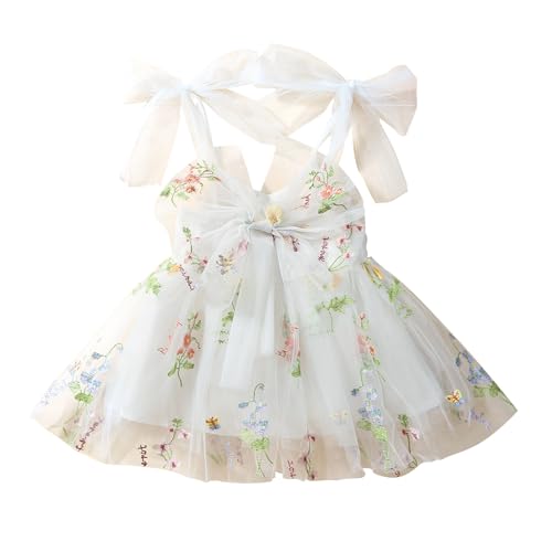 JiAmy Baby Mädchen Kleid Ärmellos Blumen Stickerei Tutu Kleider Kleinkind Geburtstag Party Prinzessin Tüllkleid mit Schleife Frühling Kleidung für Mädchen 3-4 Jahre Weiß von JiAmy