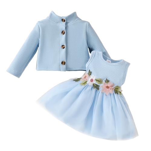 JiAmy Baby Mädchen Kleid Kleinkind Ärmellose Blumen Tüll Tutu Kleider und Langarm Waffel Strickjacke Mantel 2Pcs Outfits Set für Mädchen 12-18 Monate Blau von JiAmy