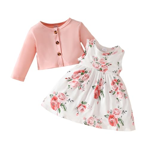 JiAmy Baby Mädchen Kleid Kleinkind Ärmellose Blumen Tüll Tutu Kleider und Langarm Waffel Strickjacke Mantel 2Pcs Outfits Set für Mädchen 18-24 Monate Hellrosa von JiAmy