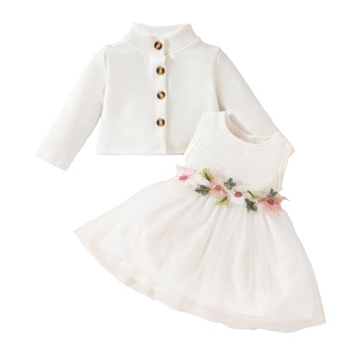 JiAmy Baby Mädchen Kleid Kleinkind Ärmellose Blumen Tüll Tutu Kleider und Langarm Waffel Strickjacke Mantel 2Pcs Outfits Set für Mädchen 2-3 Jahre Weiß von JiAmy
