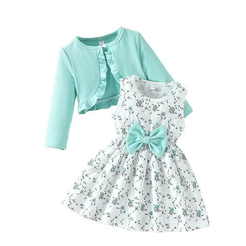 JiAmy Baby Mädchen Kleid Kleinkind Ärmellose Blumen Tüll Tutu Kleider und Langarm Waffel Strickjacke Mantel 2Pcs Outfits Set für Mädchen 6-9 Monate Hellgrün von JiAmy