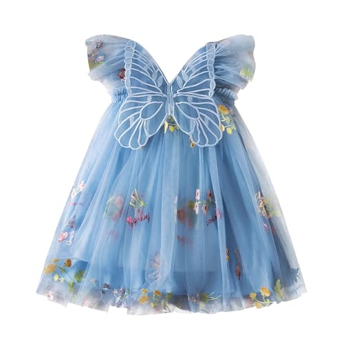 JiAmy Baby Mädchen Kleid Schmetterling Blumen Stickerei Ärmelloses Tüllkleid Kleinkind Sommer Hochzeit Geburtstag Party Prinzessin Kleider für Mädchen 1-2 Jahre Blau von JiAmy