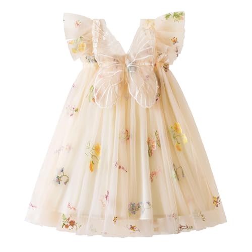 JiAmy Baby Mädchen Kleid Schmetterling Blumen Stickerei Ärmelloses Tüllkleid Kleinkind Sommer Hochzeit Geburtstag Party Prinzessin Kleider für Mädchen 4-5 Jahre Beige von JiAmy
