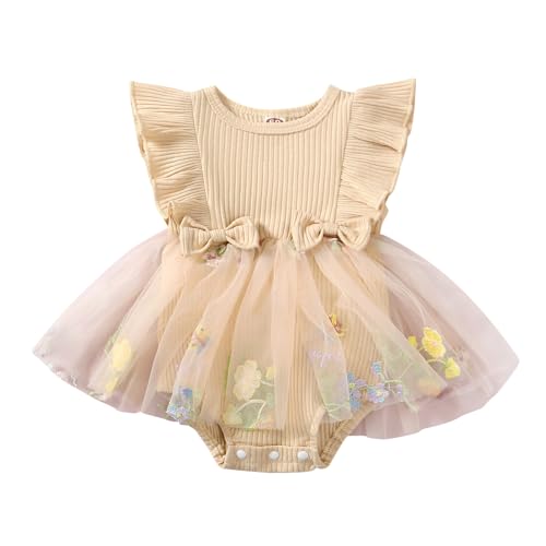 JiAmy Baby Mädchen Kleid Sommer Rüschen Kurzarm Blume Stickerei Strampler Tüll Kleider Neugeborenes Baby Mädchen Kleidung für 18-24 Monate Beige von JiAmy
