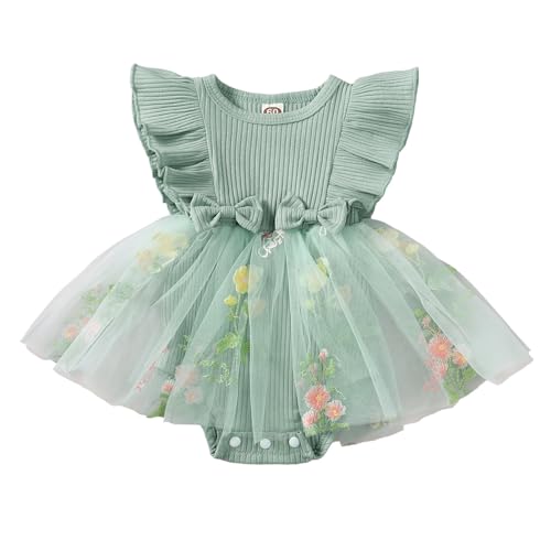 JiAmy Baby Mädchen Kleid Sommer Rüschen Kurzarm Blume Stickerei Strampler Tüll Kleider Neugeborenes Baby Mädchen Kleidung für 3-6 Monate Grün von JiAmy