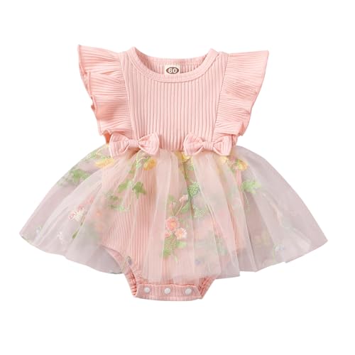 JiAmy Baby Mädchen Kleid Sommer Rüschen Kurzarm Blume Stickerei Strampler Tüll Kleider Neugeborenes Baby Mädchen Kleidung für 3-6 Monate Rosa von JiAmy