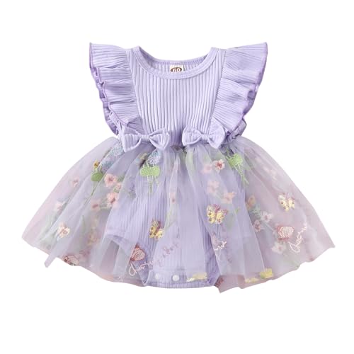 JiAmy Baby Mädchen Kleid Sommer Rüschen Kurzarm Blume Stickerei Strampler Tüll Kleider Neugeborenes Baby Mädchen Kleidung für 3-6 Monate Violett von JiAmy