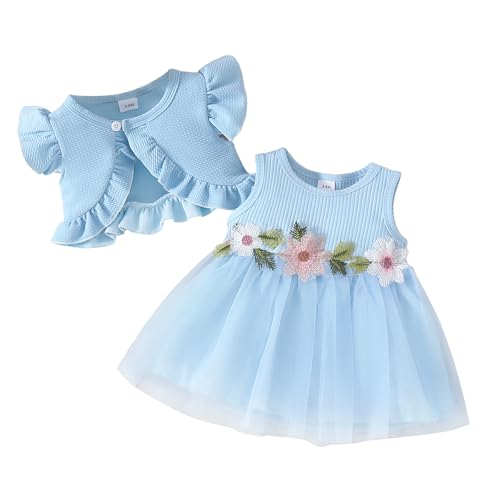 JiAmy Baby Mädchen Kleid und Kurzarm Waffel Strickjacke Set Kleinkind Ärmellose Blumen Kleider 2Pcs Prinzessin Outfits für Mädchen 2-3 Jahre Blau von JiAmy