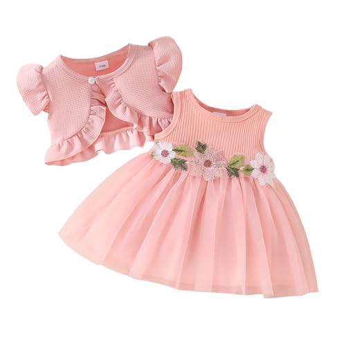 JiAmy Baby Mädchen Kleid und Kurzarm Waffel Strickjacke Set Kleinkind Ärmellose Blumen Kleider 2Pcs Prinzessin Outfits für Mädchen 2-3 Jahre Rosa von JiAmy