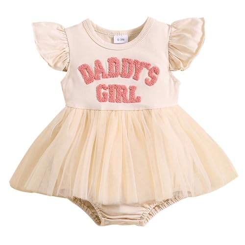 JiAmy Baby Mädchen Kleider Kleidung Neugeborene Daddy's Girl Print Tüllkleid Kleinkind Rüschen Kurze Ärmel Strampler Geburtstag Kleid für Mädchen 3-6 Monate Beige von JiAmy