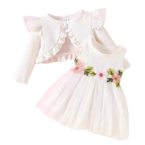 JiAmy Baby Mädchen Kleider und Strickjacke 2 Stück Kleinkind Herbst Kleidung ärmellose Blumen Kleid Waffel Mantel Hochzeit Prinzessin Partykleid für Mädchen 12-18 Monate Weiß von JiAmy