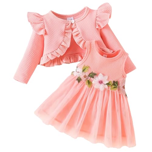 JiAmy Baby Mädchen Kleider und Strickjacke 2 Stück Kleinkind Herbst Kleidung ärmellose Blumen Kleid Waffel Mantel Hochzeit Prinzessin Partykleid für Mädchen 2-3 Jahre Rosa von JiAmy