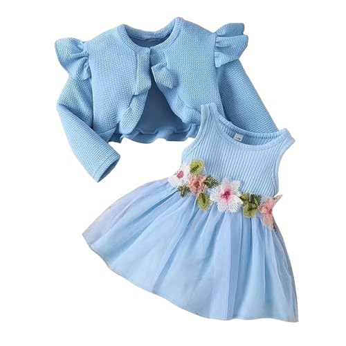 JiAmy Baby Mädchen Kleider und Strickjacke 2 Stück Kleinkind Herbst Kleidung ärmellose Blumen Kleid Waffel Mantel Hochzeit Prinzessin Partykleid für Mädchen 9-12 Monate Blau von JiAmy