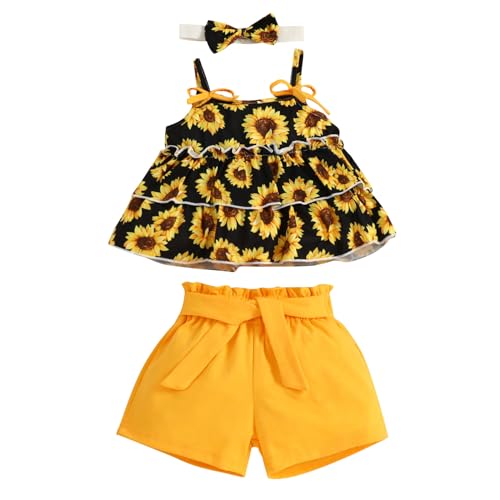 JiAmy Baby Mädchen Kleidung, Kleinkind Sommer Blume Gedruckt Spaghettiträger-Top und Kurze Hosen mit Stirnband 3tlg Outfits für 12-18 Monate, Schwarz von JiAmy